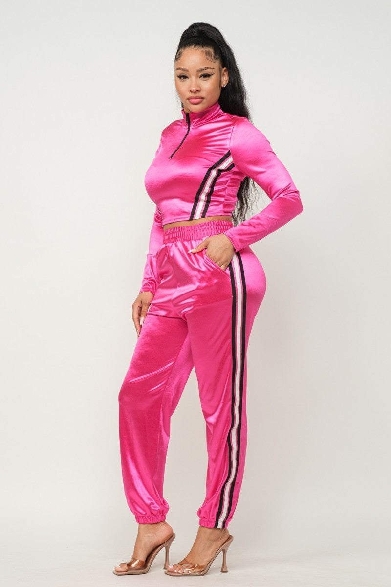 Front Zip Up Stripes Detail Jacket And Pants Set - Tigbuls Variety Fashion