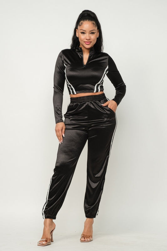 Black Front Zip Up Stripes Detail Jacket And Pants Set - Tigbuls Variety Fashion
