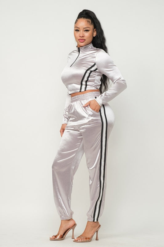 Grey Front Zip Up Stripes Detail Jacket And Pants Set - Tigbuls Variety Fashion