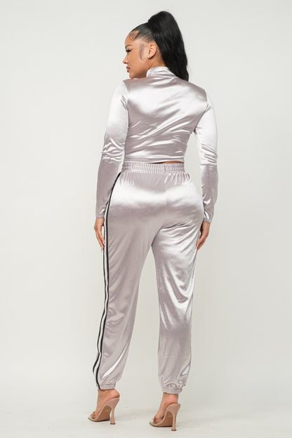 Front Zip Up Stripes Detail Jacket And Pants Set - Tigbuls Variety Fashion