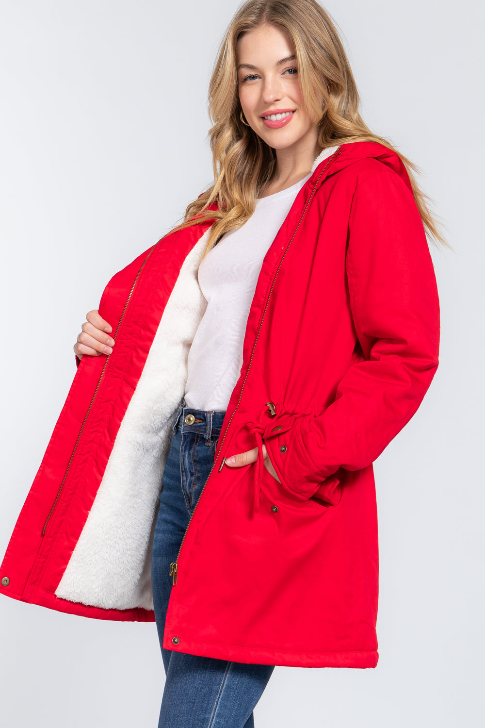 Red Fleece Lined Fur Hoodie Utility Jacket - Tigbuls Variety Fashion