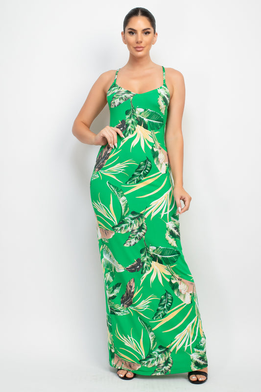 Green Sleeveless Tropical Print Maxi Dress - Tigbuls Variety Fashion