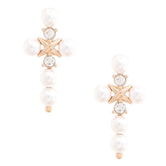 Pearl Bead Cross Dangle Earring - Tigbuls Variety Fashion