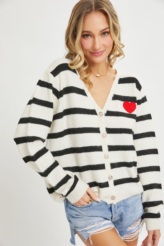 Striped Cardigan With Heart Patch - Tigbuls Variety Fashion