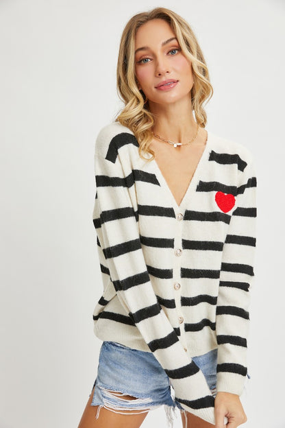 Striped Cardigan With Heart Patch - Tigbuls Variety Fashion