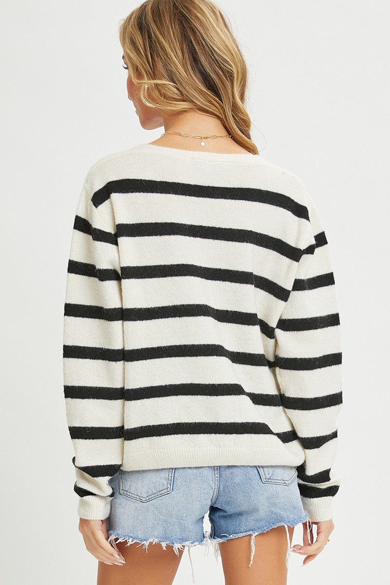 Striped Cardigan With Heart Patch - Tigbuls Variety Fashion