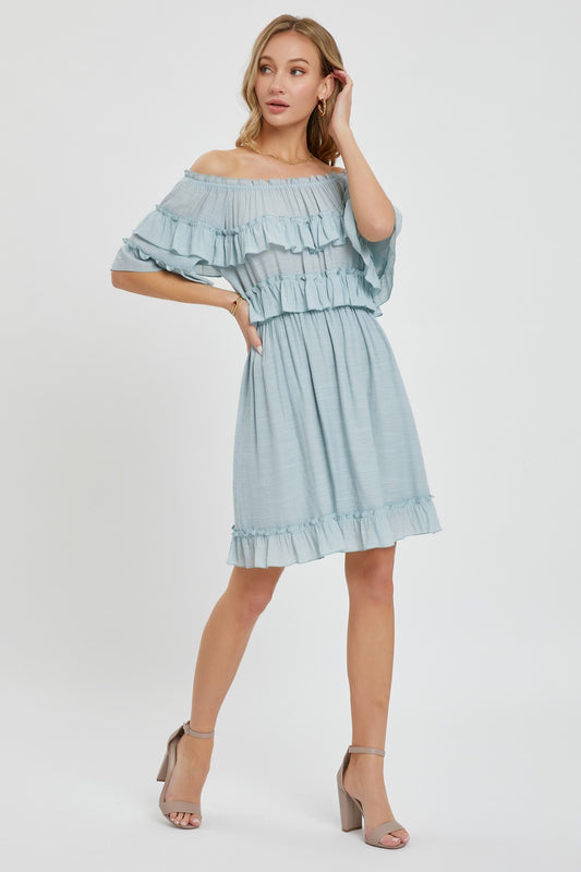 Misty Blue Off Shoulder Ruffle Knee Length Dress - Tigbuls Variety Fashion