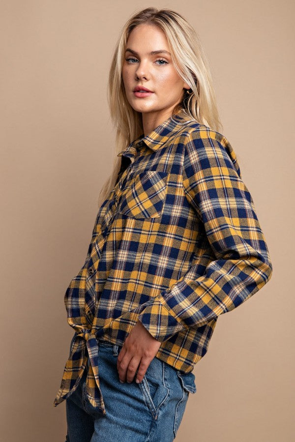 Tie Front Button Down Plaid Shirt With Front Pocket - Tigbuls Variety Fashion