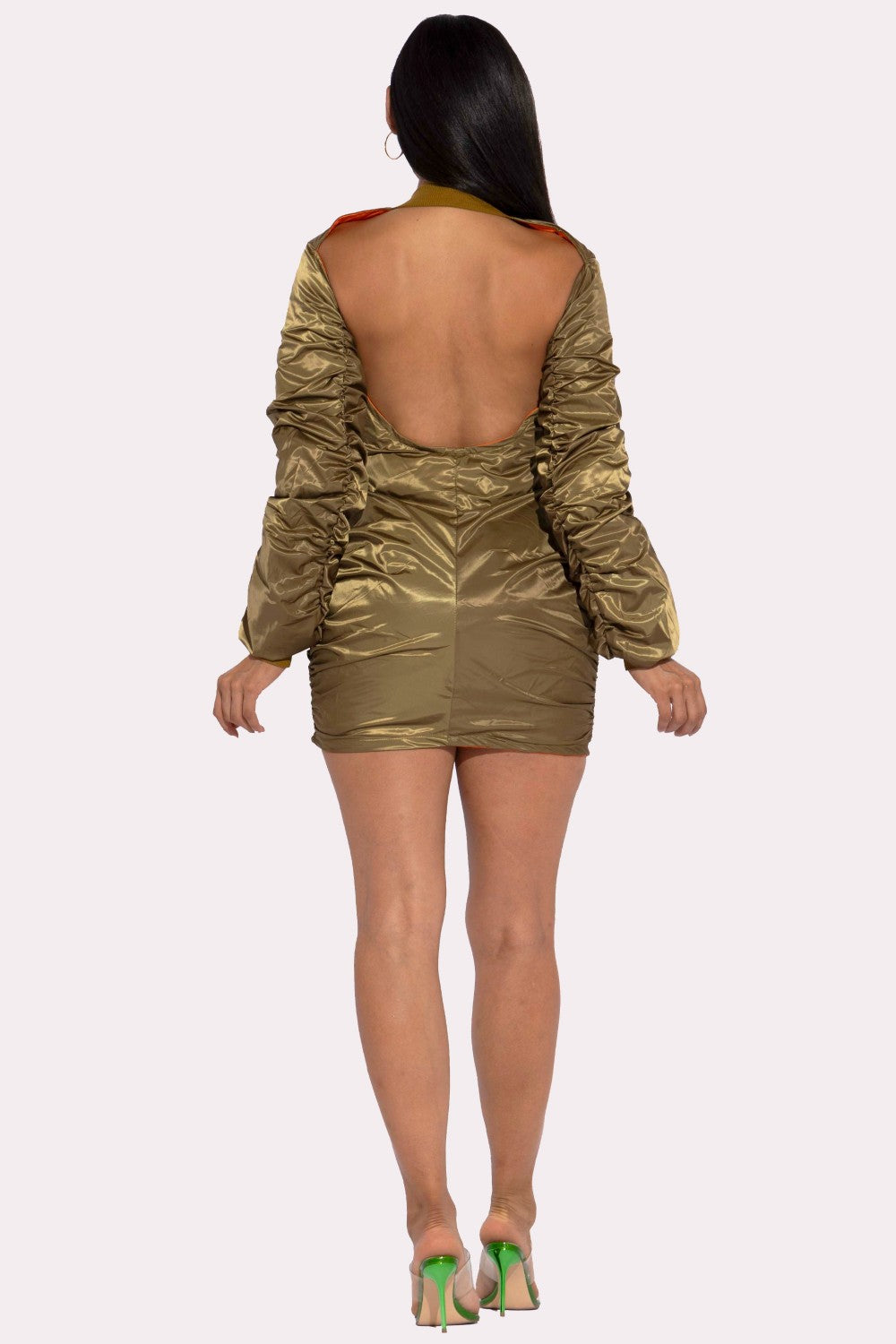 Green Backless Zip Front Jacket Mini Dress - Tigbuls Variety Fashion
