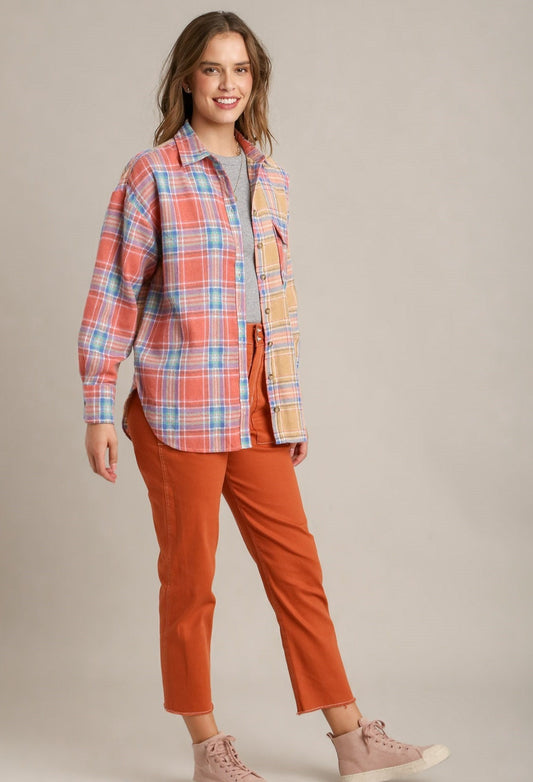  Mixed Plaid Button Down Flannel Shirt- Tigbuls Variety Fashion