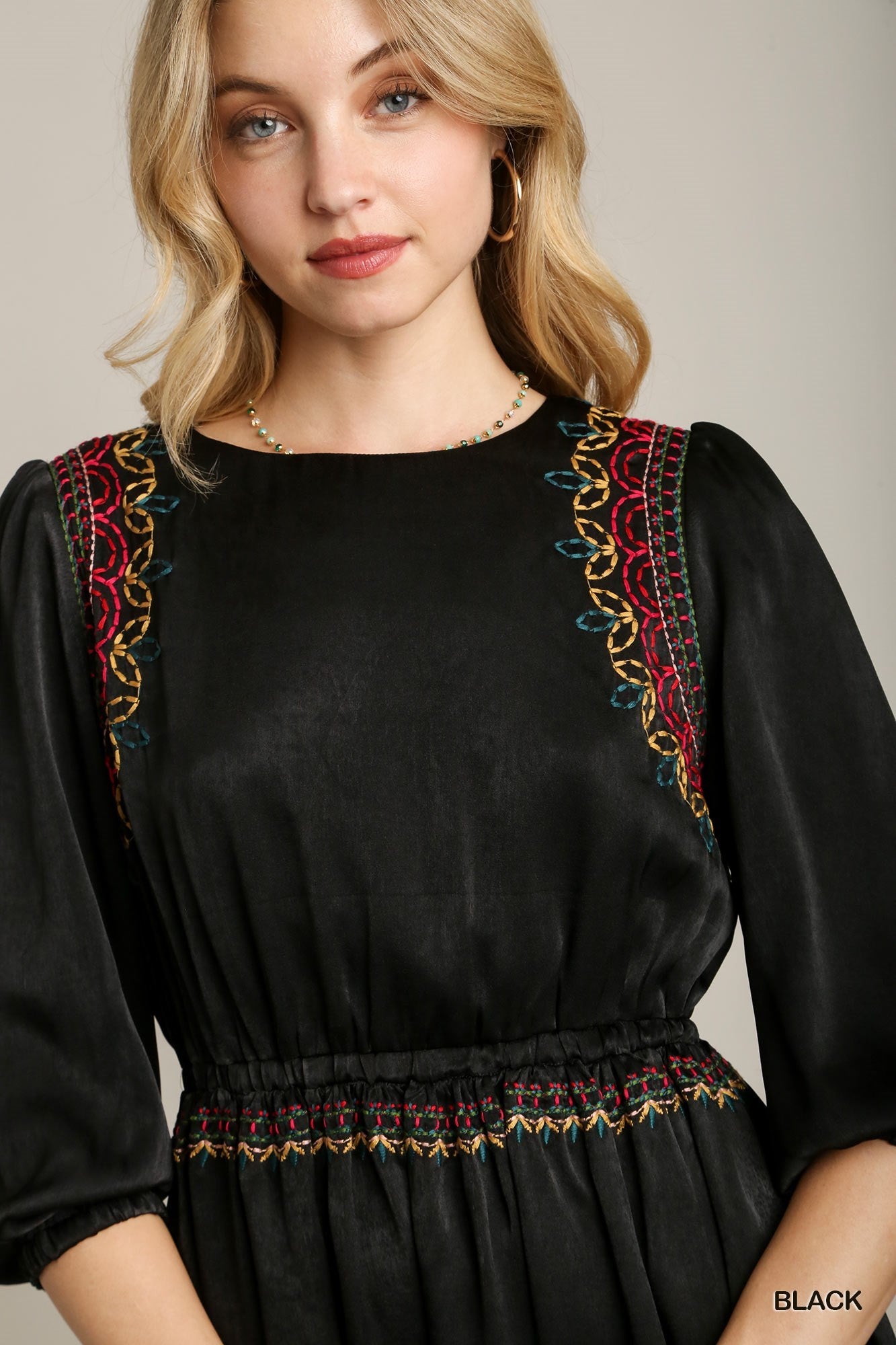 Satin Round Neck Embroidery Midi Dress - Tigbuls Variety Fashion