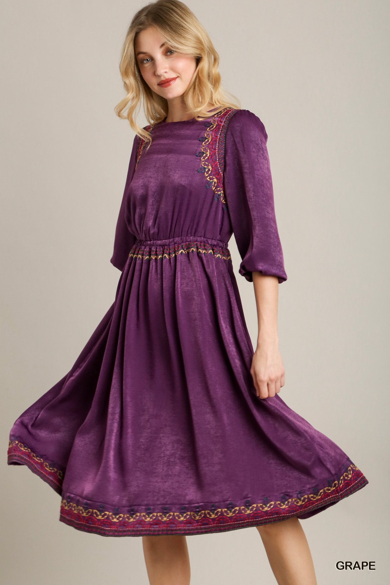 Satin Round Neck Embroidery Midi Dress - Tigbuls Variety Fashion
