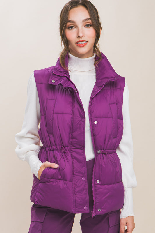 Zip Up Button Puffer Vest With Waist Toggles - Tigbuls Variety Fashion