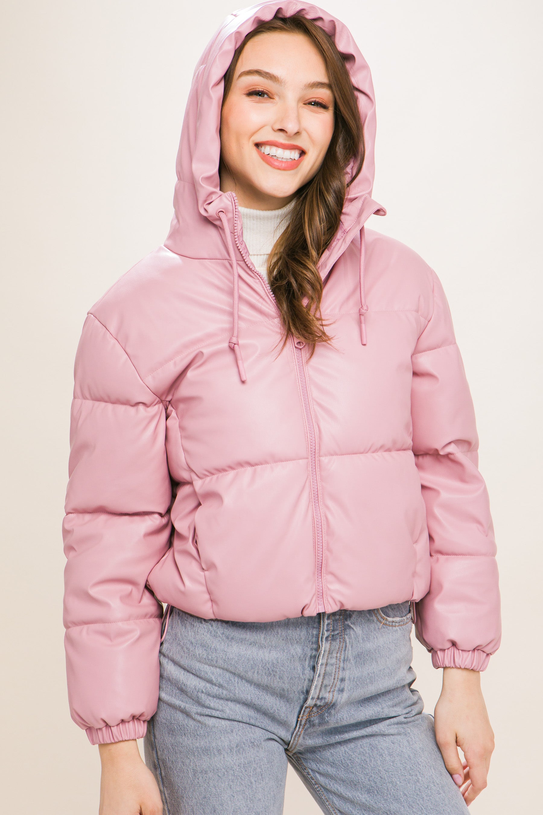 Pink Pu Faux Leather Zipper Hooded Puffer Jacket - Tigbuls Variety Fashion