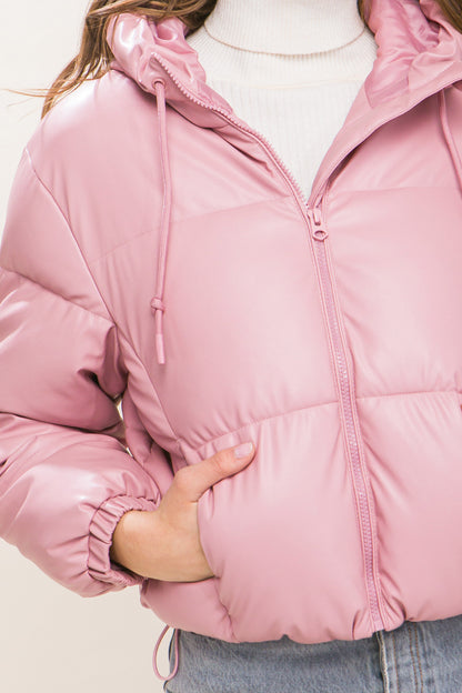 Pink Pu Faux Leather Zipper Hooded Puffer Jacket - Tigbuls Variety Fashion