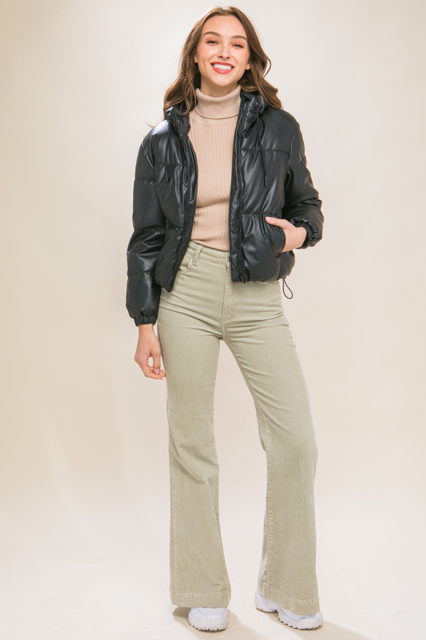 Pu Faux Leather Zipper Hooded Puffer Jacket - Tigbuls Variety Fashion