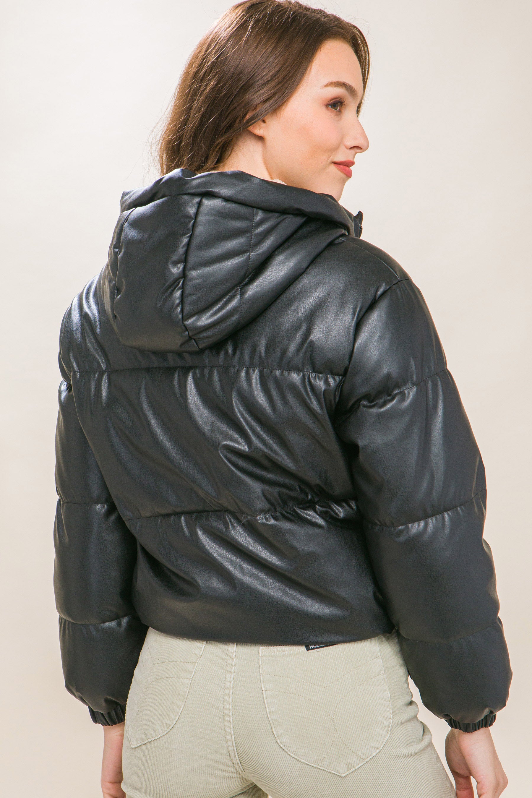 Pu Faux Leather Zipper Hooded Puffer Jacket - Tigbuls Variety Fashion