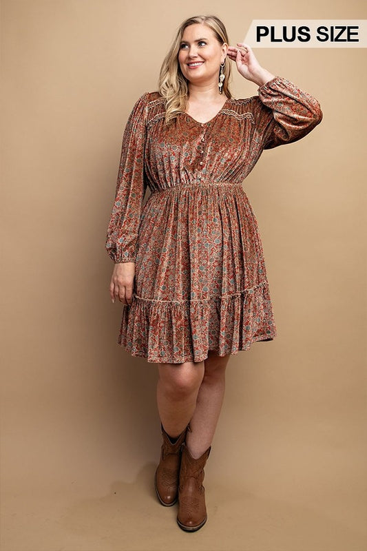 Printed Velvet V-neck Dress With Button Front Detail - Tigbuls Variety Fashion