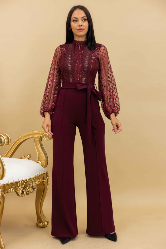 Burgundy Crochet Sheer Mesh Sequined Polka Dot Jumpsuit - Tigbuls Variety Fashion