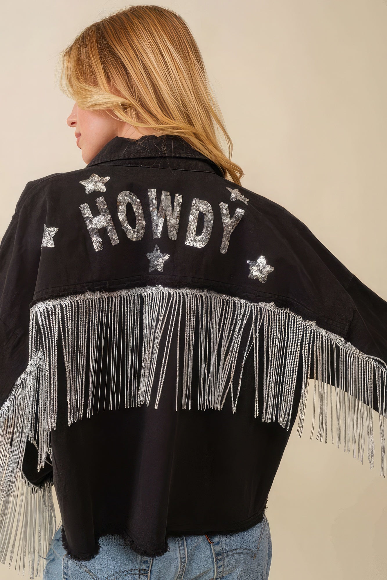 Howdy Sequin Fringe And Star Patches Jacket - Tigbuls Variety Fashion