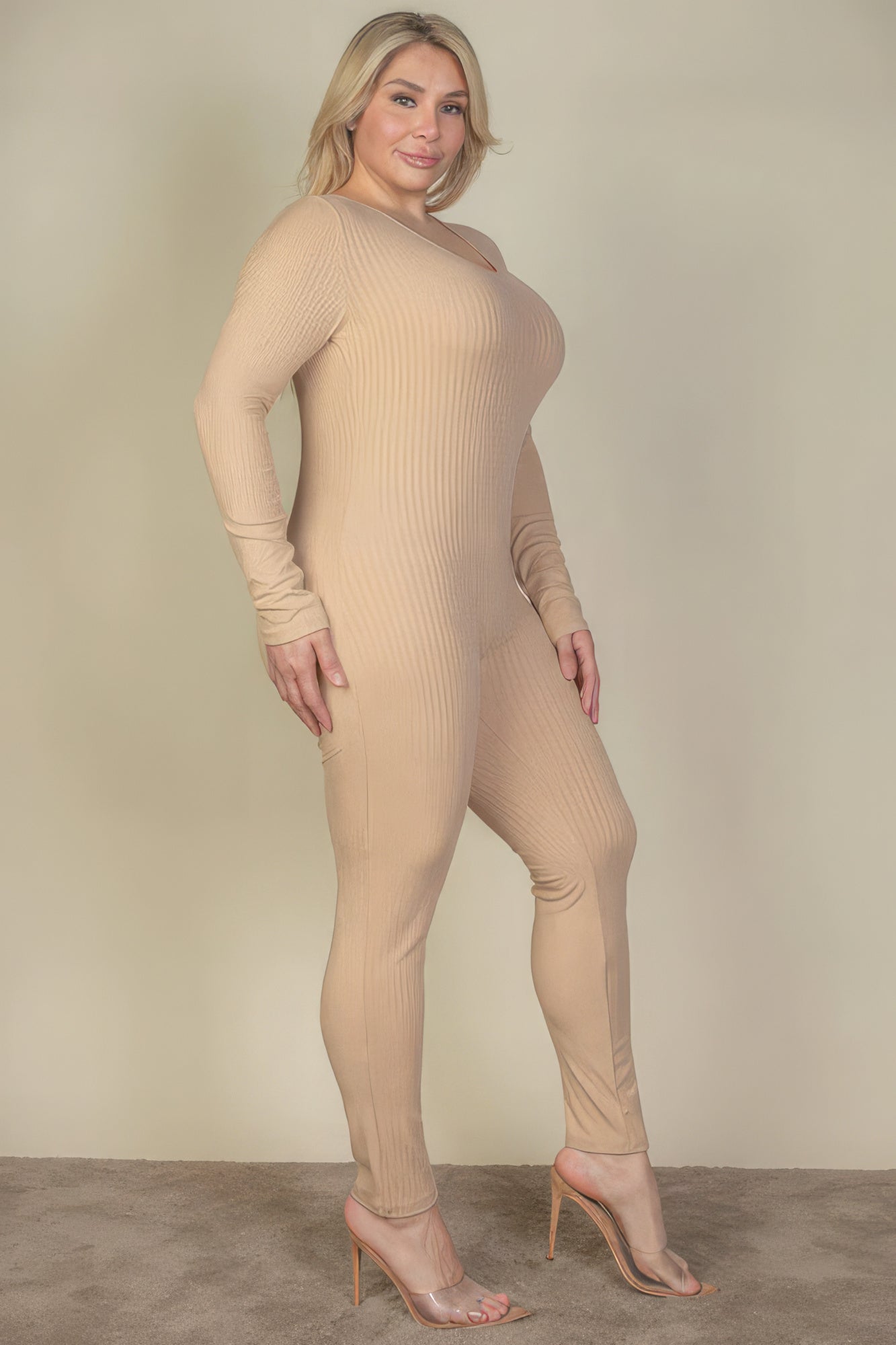 Plus Size Ribbed Scoop Neck Long Sleeve Jumpsuit - Tigbuls Variety Fashion