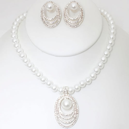 Rhinestone Pearl Necklace And Earring Set - Tigbuls Variety Fashion
