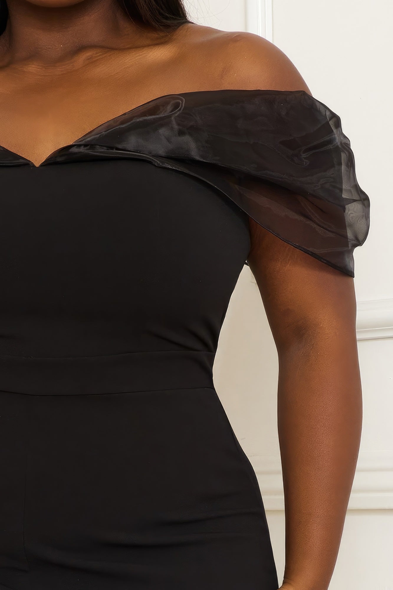 Black Mesh Off The Shoulder Plus Size Jumpsuit | Tigbuls Variety