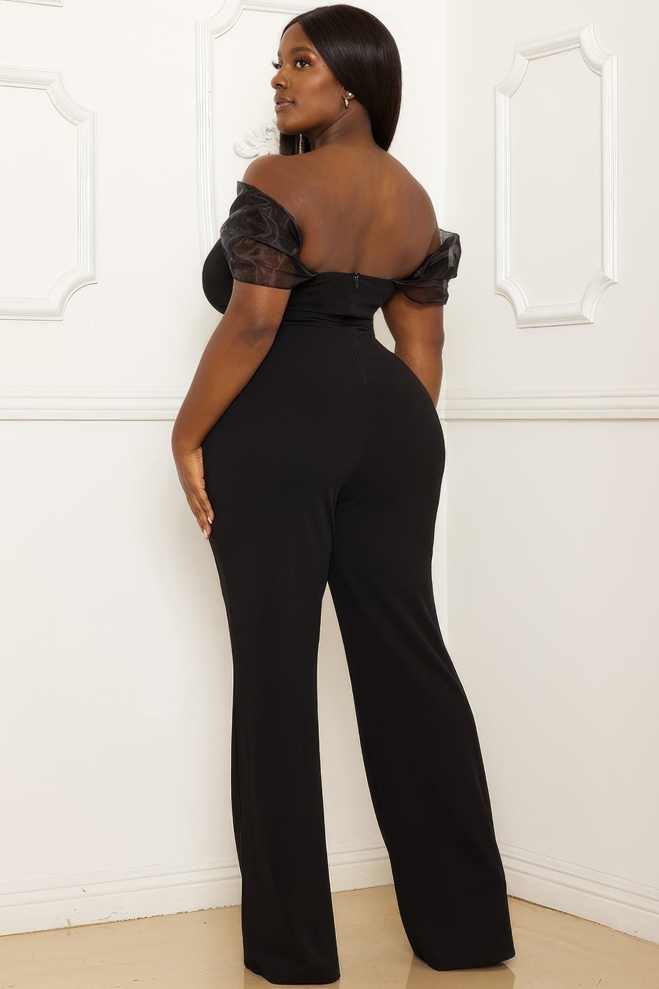 Black Mesh Off The Shoulder Plus Size Jumpsuit | Tigbuls Variety
