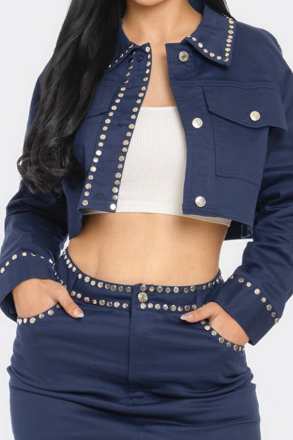 Stud Detail Cropped Jacket and Skirt Set - Tigbuls Variety Fashion