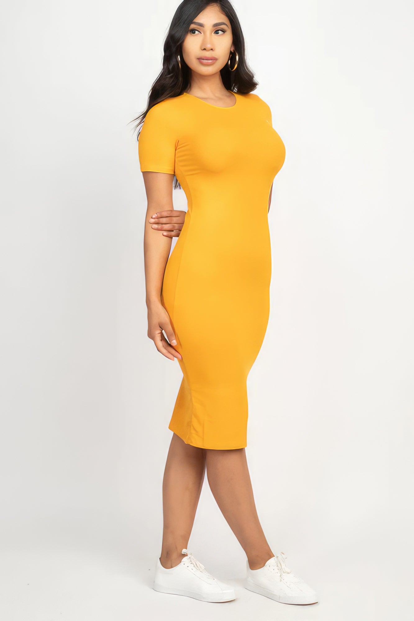 Ribbed Bodycon Midi Dress Color Mustard - Tigbuls Variety Fashion