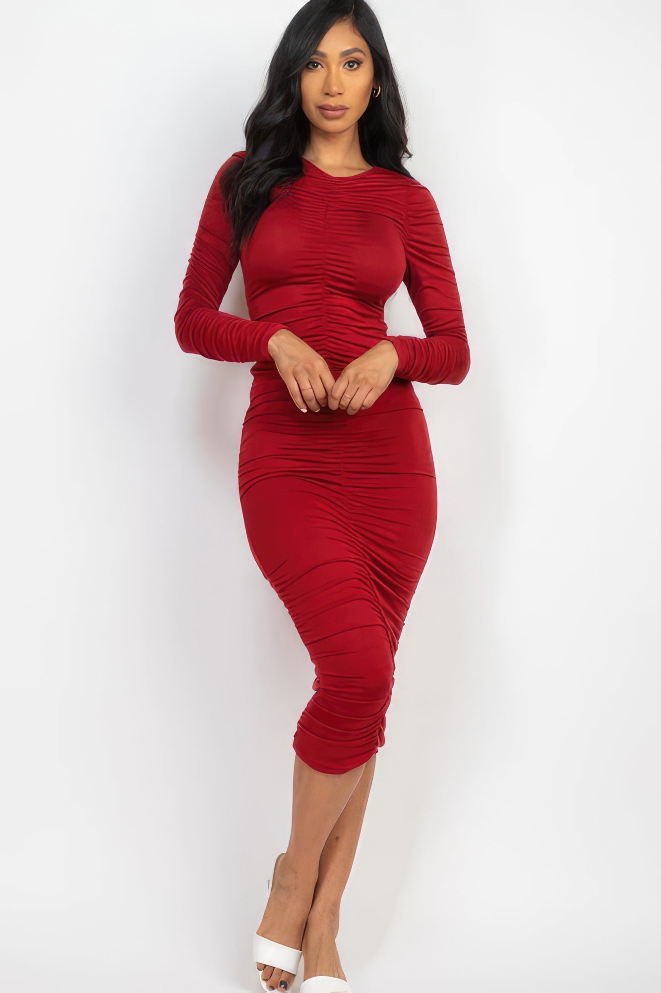 Red Ruched Long Sleeve Midi Dress - Tigbuls Variety Fashion