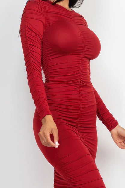 Red Ruched Long Sleeve Midi Dress - Tigbuls Variety Fashion