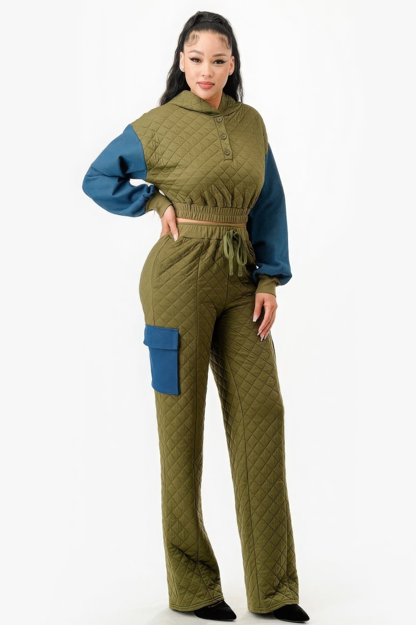 Olive/Denim Blue Two Piece Set Pants & Jacket - Tigbuls Variety Fashion
