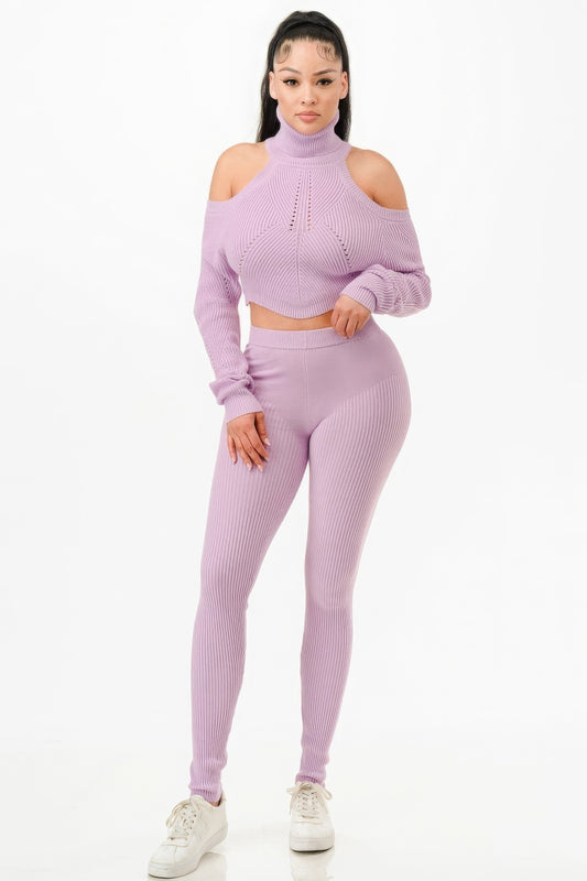Cold Shoulder Knit Top & Pants Set in Lilac - Tigbuls Variety Fashion