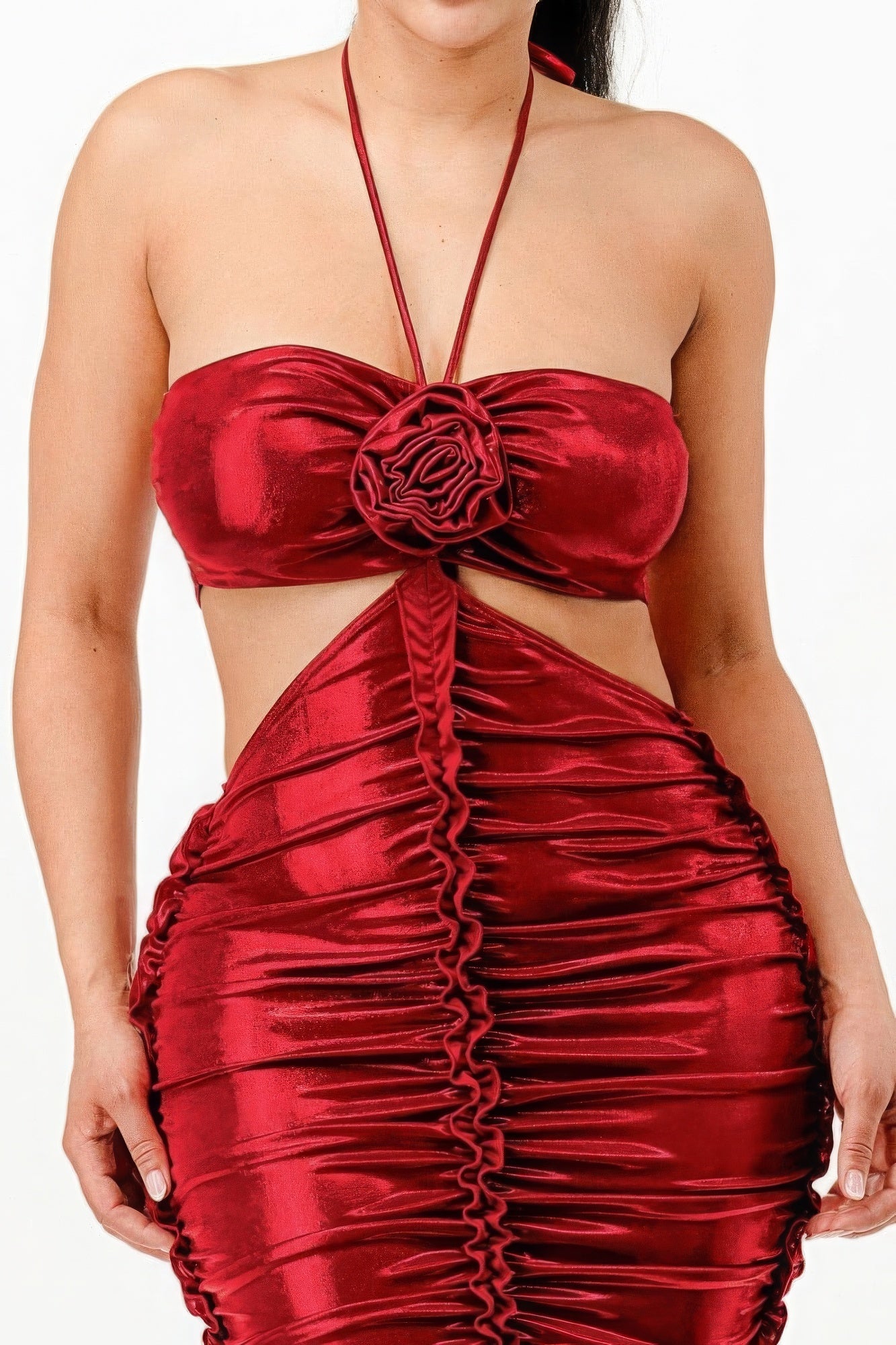 Red Metallic Ruched Halter Maxi Dress - Tigbuls Variety Fashion
