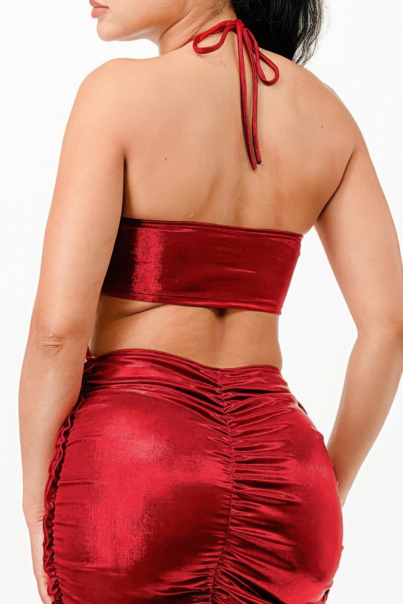 Red Metallic Ruched Halter Maxi Dress - Tigbuls Variety Fashion