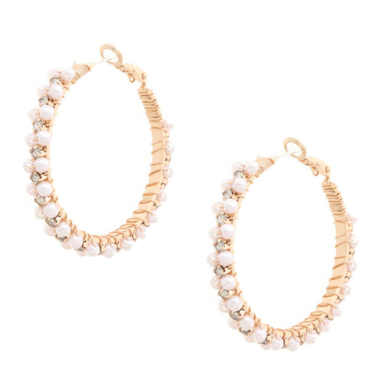 Pearl Bead Rhinestone Wire Wrapped Hoop Earring - Tigbuls Variety Fashion