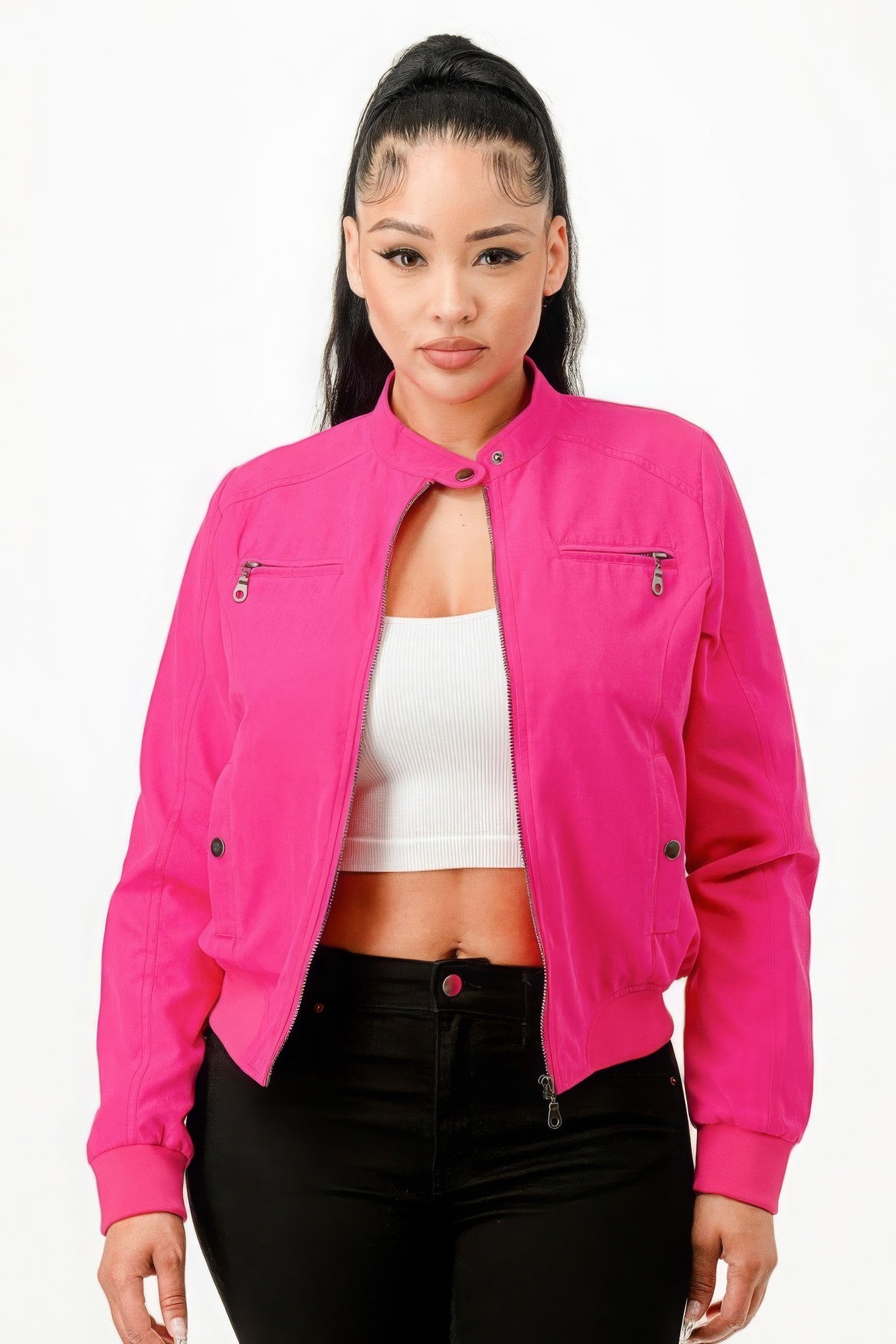 Hot Pink Casual Zip Up Biker Moto Jacket - Tigbuls Variety Fashion