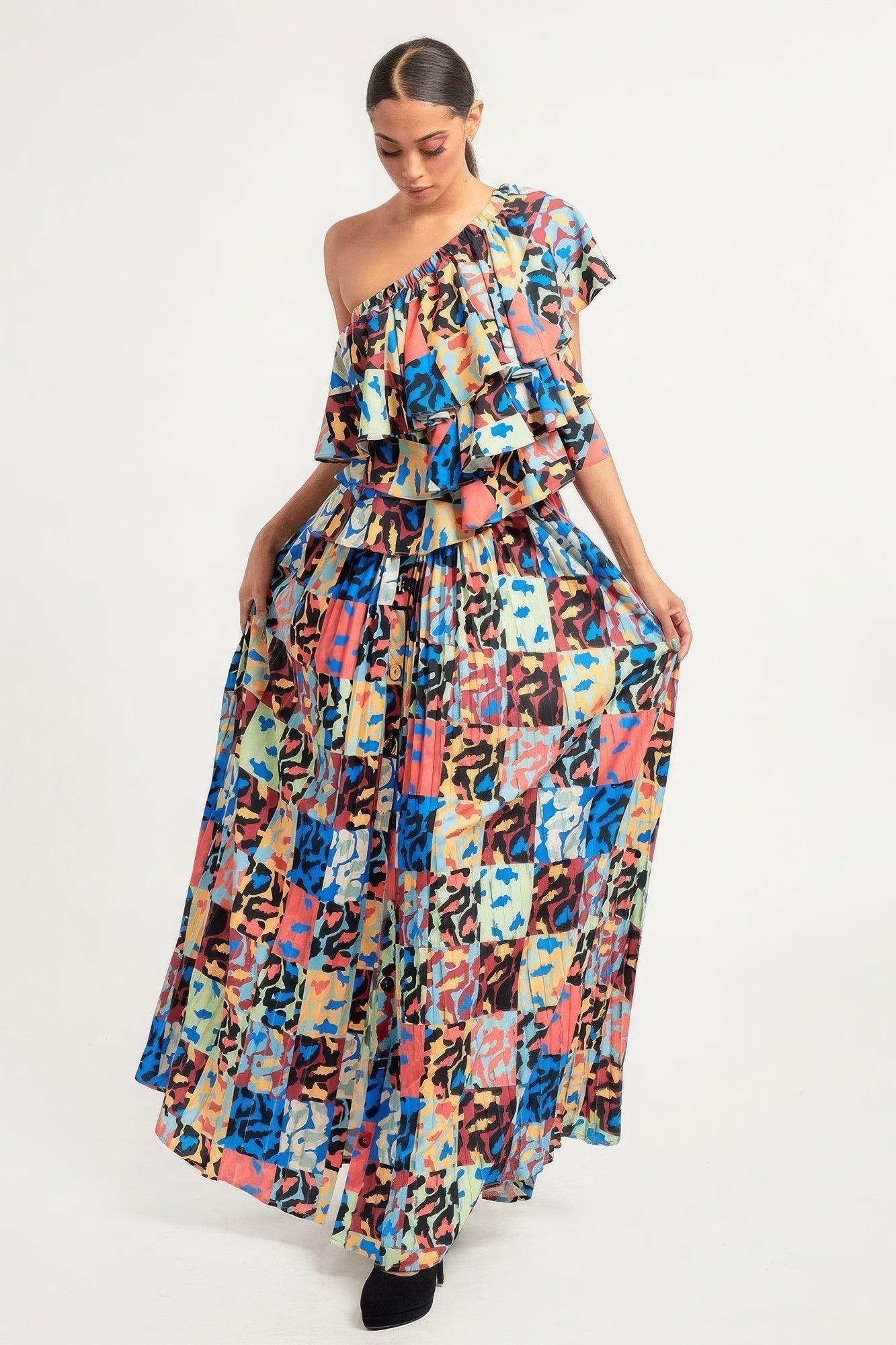Printed Ruffle Top And Pleated Skirt Set - Tigbuls Variety Fashion