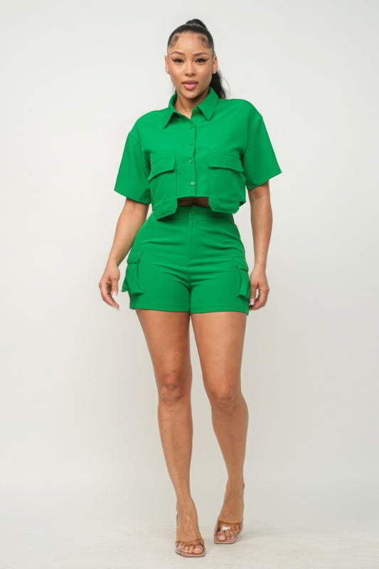 Kelly Green Collared Short Sleeve Button Front Cargo Short Set - Tigbuls Variety Fashion