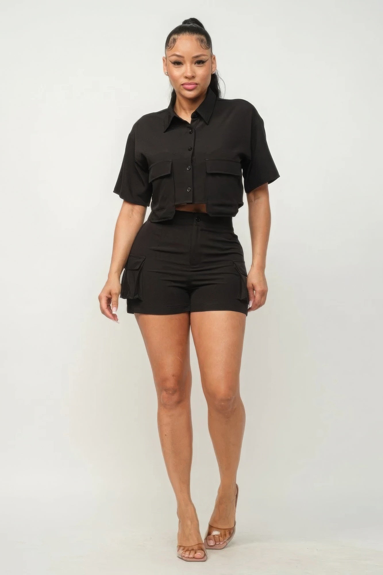Front Button Down Side Pockets Top And Shorts Set - Tigbuls Variety Fashion