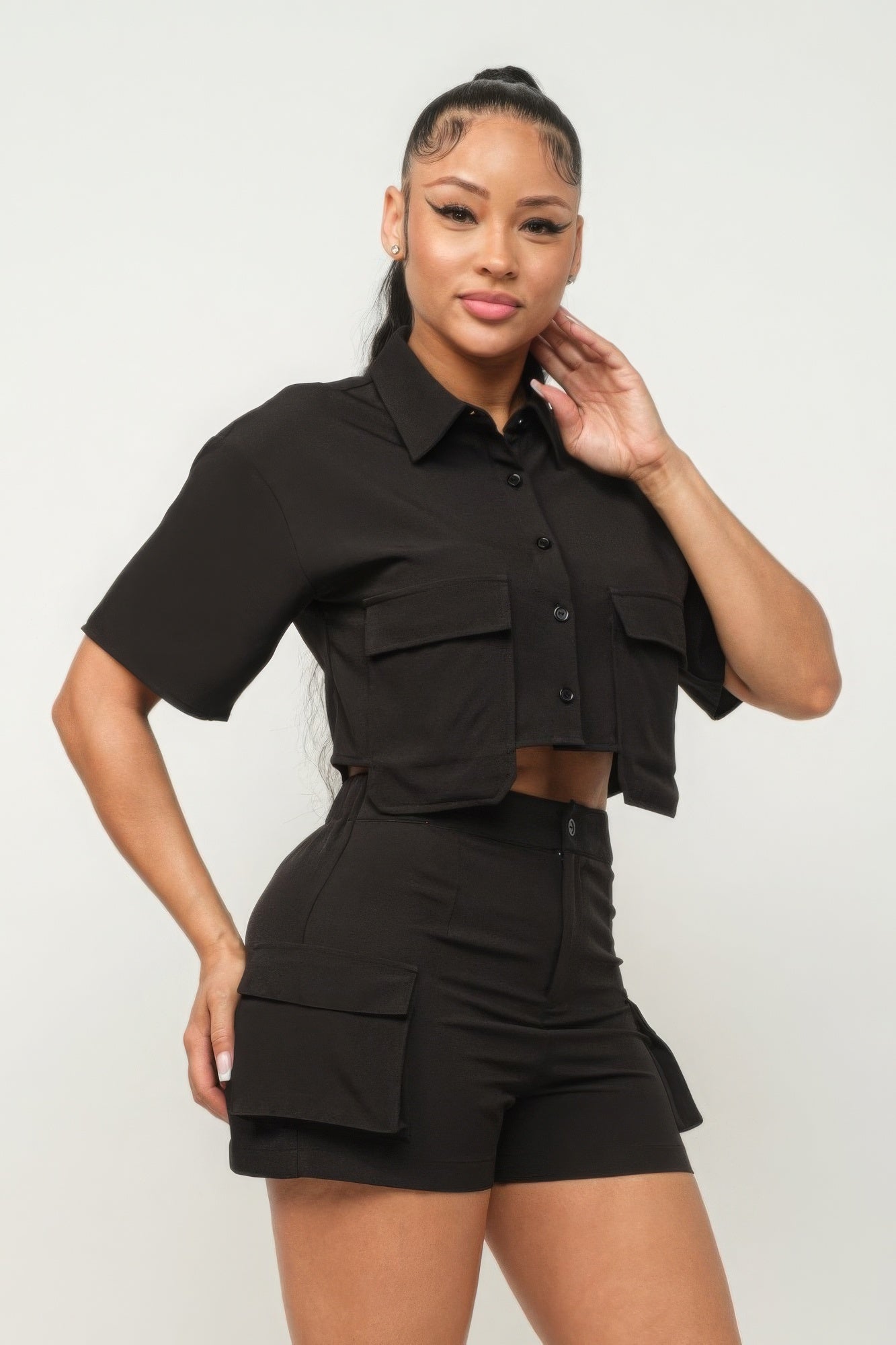 Front Button Down Side Pockets Top And Shorts Set - Tigbuls Variety Fashion