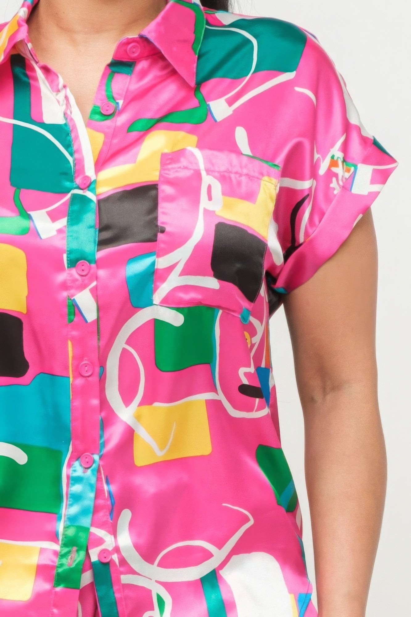 Satin Dolman Print Button Down Top And Shorts Set - Tigbuls Variety Fashion