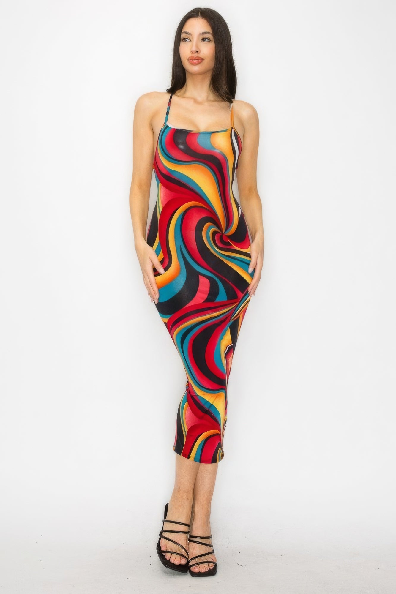 Crossed Back Marble Print Multicolor Midi Dress - Tigbuls Variety Fashion