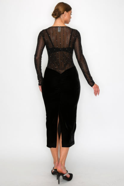 Velvet Sheer Contrast Holiday Midi Dress - Tigbuls Variety Fashion