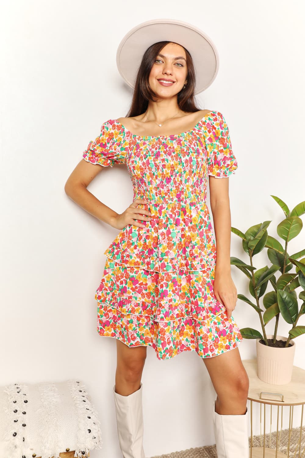 Double Take Smocked Sweetheart Neck Flounce Sleeve Mini Dress - Tigbuls Variety Fashion