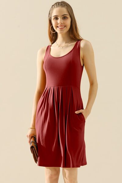 Doublju Full Size Round Neck Ruched Sleeveless Dress with Pockets - Tigbuls Variety Fashion