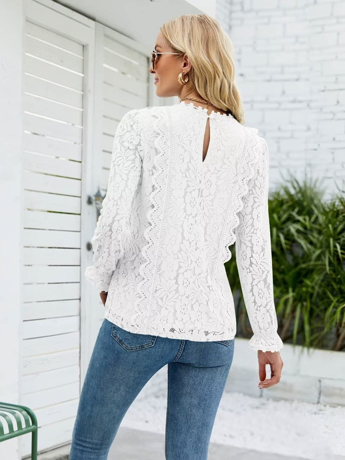 Lace V-Neck Flounce Sleeve Blouse - Tigbuls Variety Fashion