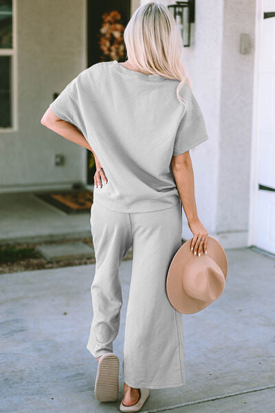 Texture Short Sleeve Top and Pants Set - Tigbuls Variety Fashion
