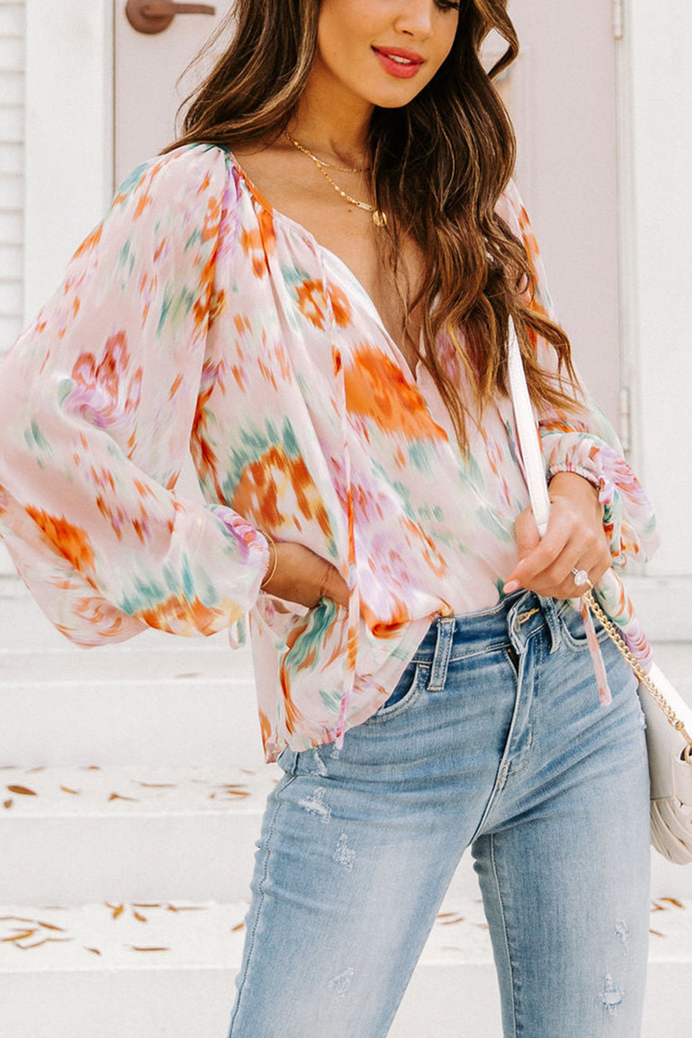 Printed Tie Neck Long Sleeve Blouse - Tigbuls Fashion